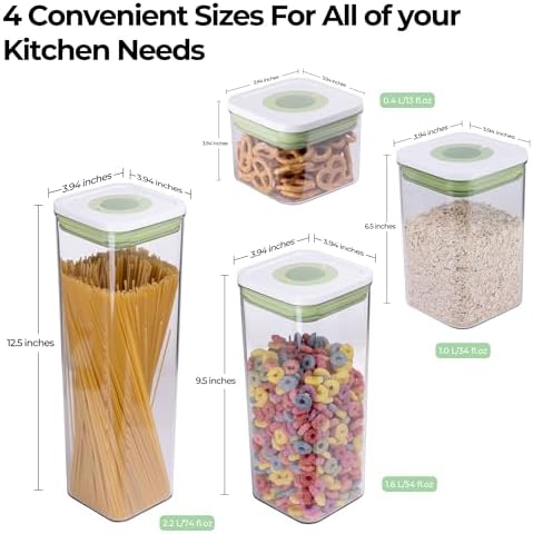 linoroso Set of 4 Pop Airtight Food Storage Containers with Date Recording Lids, Stackable Plastic Kitchen Storage Containers, Dry Cereal Container Set for Pantry Countertop Fridge Organization - Image 5