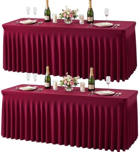 gogoparti 2 Pack Spandex Burgundy Fitted Table Cloth for 6ft Rectangle Tables Burgundy Stretch Tablecloth Table Covers Banquet Table Clothes Wrinkle Free Table Skirt for Parties Wedding by Gogoparti