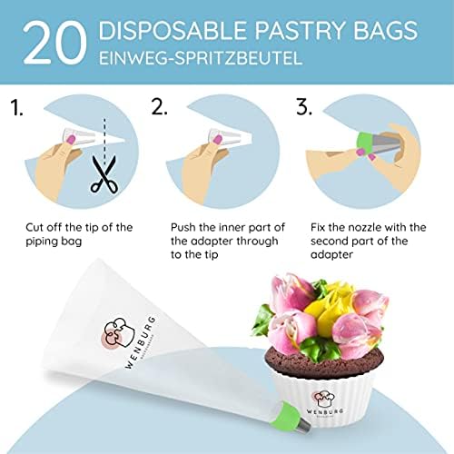 Wenburg Russian Piping Tips Set, 38-pc: 11 Large Flower Piping Tips, 2 Leaf Attachment, 3 Couplers, 20 Disposable Piping Bags, Silicone Piping Bag – Cupcake and Cake Decorating Baking Set (Classic) - Image 3