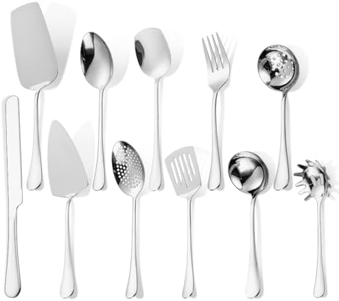 Serving Utensil Set 11-Piece Stainless Steel Modern Flatware Server All Metal Kitchen Cooking Tools Solid Spoon Slotted Ladle Skimmer Pasta Server Cake Knife Cutter Spatula Turner by A%C2%B7HOUSEWARE