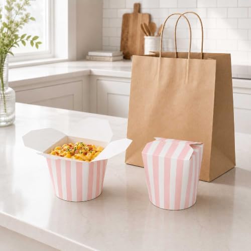 Restaurantware Bio Tek 4 x 3.4 x 3.7 Inch Food Containers, 200 Noodle Takeaway Boxes - Disposable, Striped, Pink And White Paper 26 Ounce Take Out Boxes, Round, For Hot Or Cold Foods - Image 4