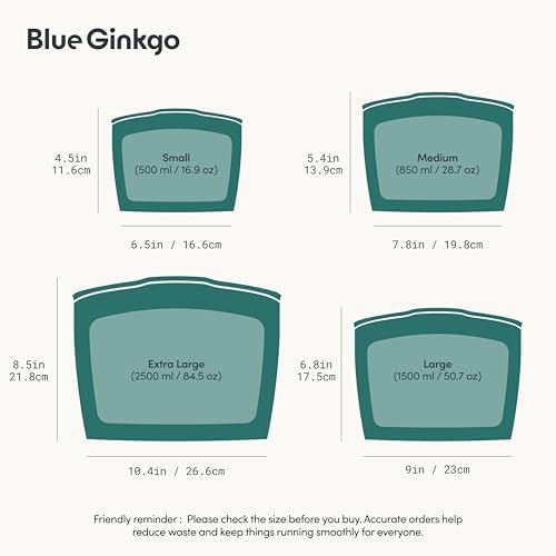 Blue Ginkgo Silicone Food Storage Bags, 4-Pack, Reusable, Made in Korea | Leakproof. Stand Up. Freezer and Dishwasher Safe. (Forest Green) - Image 3