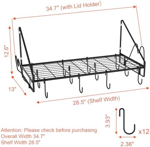 VyGrow 28 Inch Pot Rack Wall Mounted, Pots and Pans Organizer with 12 Hooks and 2 Pot Lid Holders, Heavy Duty Steel Pot and Pan Hanger for Kitchen Cookware Utensils Storage 34.7" Lx13 Wx12.6 H - Image 2