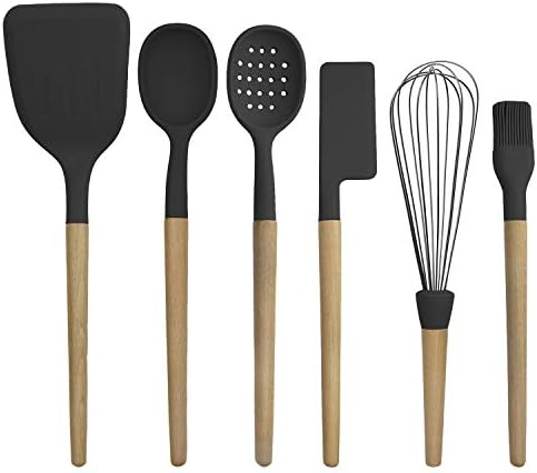 Country Kitchen Non Stick Silicone Utensil Set with Rounded Wood Handles for Cooking and Baking, 6 Piece Set, Black | Rounded Wood Handles, For Cooking and Baking by CountryKitchen