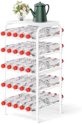 Water Bottle Organizer 5 Tier Free Standing Water Bottle Storage Rack Metal Water Bottle Rack Shelf Large Capacity Bottled Water Holder Beverage Soda Drink Stand for Kitchen Pantry Office,White by smusei