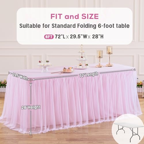 Suppromo 6 Pack 6ft Pink Tulle Tablecloths for Rectangle Tables 72 x 30 Inch Pink Rectangular Table Cloth, Wrinkle Free Table Cover with Tutu Skirt for Baby Shower Birthday Party Banquet Buffet Cake - Image 6