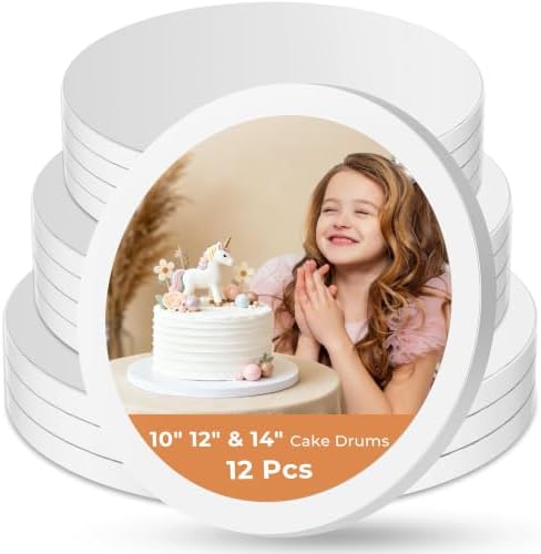 Kootek 12 Pack Cake Boards 10&12&14 Inch Round Cake Drums Base para Pastel | Disposable, 1/2 Inch Thick, Sturdy Corrugated Cardboard Base, Smooth & Grease-resistant Surface, White, for Multi-tiered Cake by Kootek