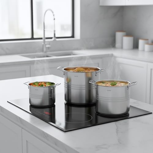 Valore 3 pc Stainless Steel Stock Pot Set - 12, 16 & 24 qt - 5-ply Canning Pots with Brushed Stainless Finish & Riveted Handles - Canning Supplies Compatible with All Cooktops - Image 2