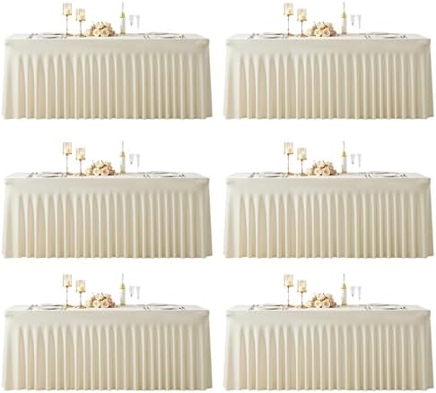 6 Pack 6ft Beige Spandex Tablecloths for Rectangle Tables Wrinkle Free Beige Rectangle Table Cloth Stretch Fitted Table Cover with Skirt for Wedding Birthday Party Banquet Baby Shower Buffet Event by Suppromo