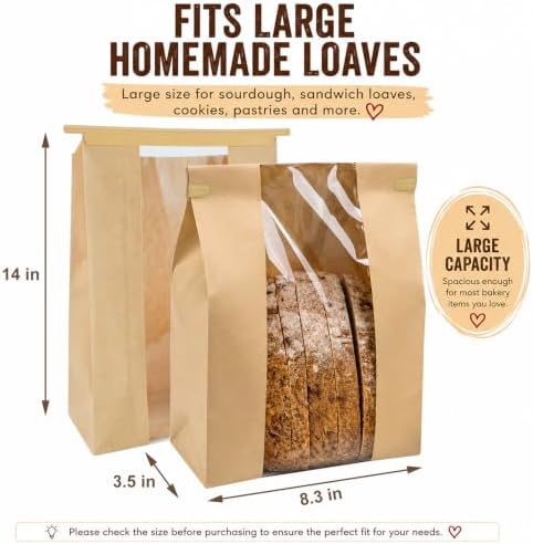 50 Pack Large Paper Sourdough Bread Bags with Tin Tie Tabs & 100 Stickers | 14" X 8.3" X 3.5" Kraft Bags with Clear Window Bread Bags for Homemade Bread, Bakery Display, Cookies, Popcorn and Gifts - Image 6
