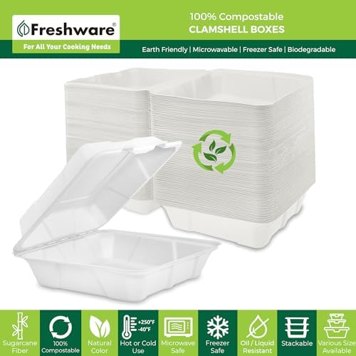 Freshware Compostable Clamshell Take Out Food Containers [9x9" 200-Pack] - Disposable Biodegradable Sugarcane To Go Boxes, Microwave & Freezer Safe, Stackable Paper Food Containers - Image 2