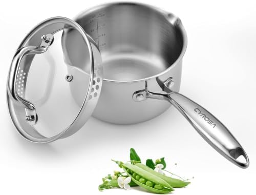 Stainless Steel Saucepan with Glass Lid, 3.0 Quart Multipurpose Sauce Pan with Cover, Sauce Pot Induction Cooking Pot- Easy Pour with Ergonomic Handle by Cyrosa