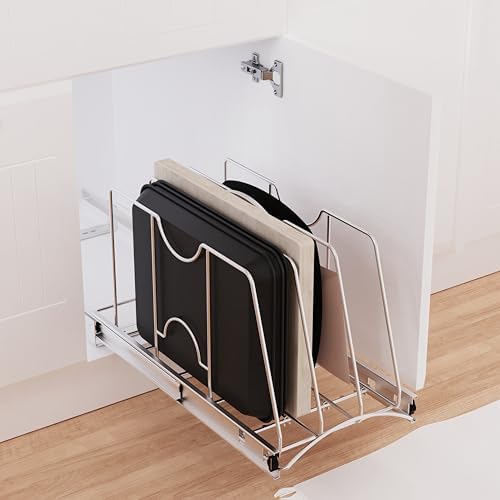 Pull Out Cookie Sheet Organizer, 11" W x 22" D x 11.8" H, Chrome | For Cabinet, Pan and Pot Rack, Cutting Board Organizer Rack, Baking Tray Organizer for Cabinet, Adjustable Divider Width - Image 6