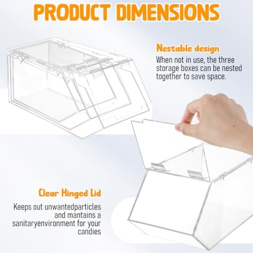 2 Sets/6 Pcs Stackable Candy Bins with Hinged Lid Small Medium Large Clear Acrylic Storage Bins Stackable Pantry Storage Caddy for Cereal Nuts Candies Snack Ice Cream Toppings, Wrapped Snacks - Image 3