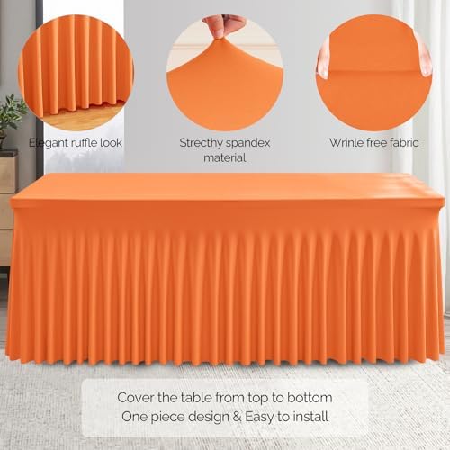 Wish Care 2 Pack Orange Spandex Table Clothes for 4 Foot Rectangle Tables, 4FT Wrinkle Free Fitted Tablecloths Ruffles Design Table Cover for Party, Banquet, Wedding and Events - Image 2