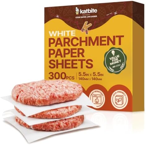 Katbite 300 Pcs Burger Patty Paper Squares, 5.5x5.5 Inch, Non-Stick | Heavy duty greaseproof squares, ideal for separating patties, burger presses, grilling, freezing and candy wrapping by katbite