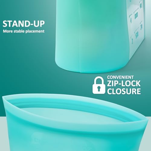 Extra Large Reusable Silicone Food Storage Bags 4 Pack, 0.8 Gallon/3000ml, 100% Silicone Stand-Up Wide-Open Zip-Lock Reusable Bags for Large Items, Microwave Freezer Oven Dishwasher Safe, Aqua - Image 3