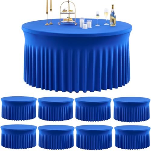 Outpain 8 Pack Royal Blue Spandex Round Tablecloth for 60in Tables, 120Inch Stretchy Fitted 5FT Round Table Clothes,Wrinkle Free Table Cover with Skirt for Wedding Party Dining Banquet by Outpain