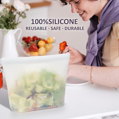 Large Reusable Silicone Food Storage Bags 4 Pack, 0.5 Gallon/2000ml, 100% Silicone Stand-Up Wide-Open Zip-Lock Reusable Bags for Large Items, Microwave Freezer Oven Dishwasher Safe, Translucent - Image 2