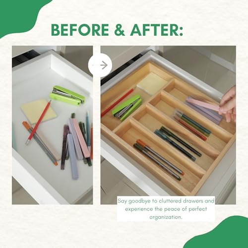 Rubber Wood Silverware Organizer for Drawer - [15"L x 11"W x 2"H] Utensil Tray, 5 Compartment Flatware Holder, Multi-Purpose Kitchen Drawer Organizer for Utensils, Stationery & Hand Tools - Image 6