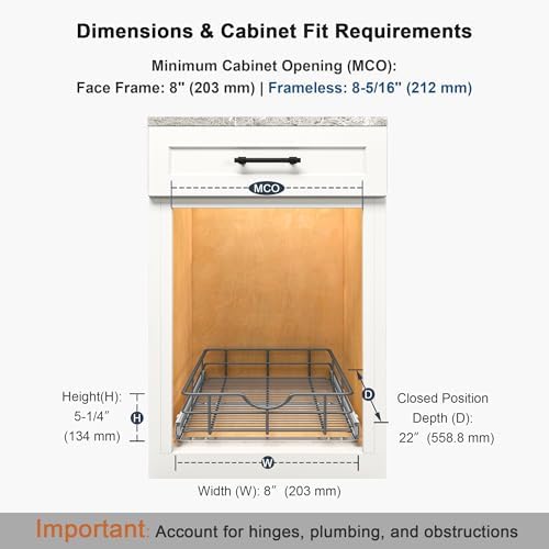 Pull Out Shelves - 8" W x 22" D Soft Close Pull Out Cabinet Organizer 1 Tier - Sliding Shelves with Shelf Liner - Heavy Duty Steel Wire Drawers for Kitchen Cabinets, Pantry, Bathroom - Image 2