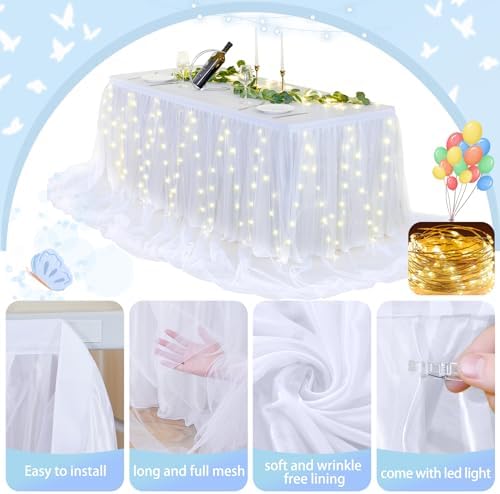 PARTISKY White Tulle Tutu Table Skirt for Rectangle Tables or Round Table,Led Light String Table Cloth for Wedding Baby Shower Birthday Party Dessert/Cake Tables - Image 5