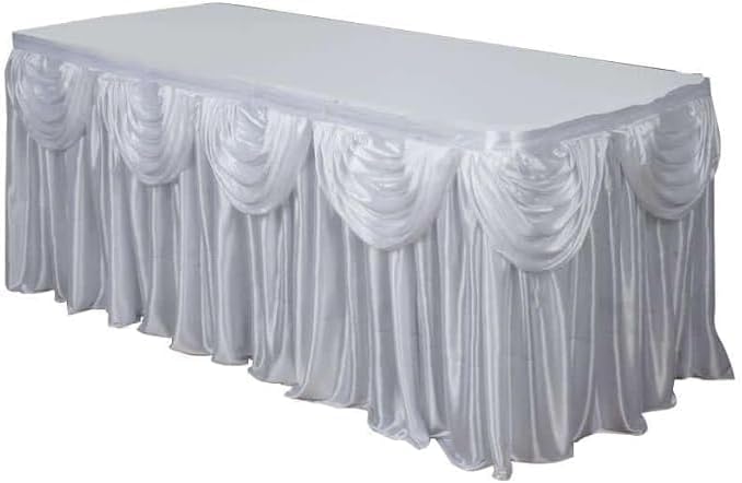 Efavormart White Satin Double Drape Table Skirt for Kitchen Dining Catering Wedding Birthday Party Decorations Events 21ft by efavormart