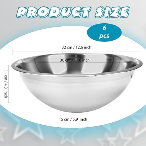 6 Pcs 12.6 Inch Stainless Steel Mixing Bowls 6 Quart Flat Base Metal Prep Bowls Cooking Baking Serving for Home and Commercial Kitchens Professional Chef - Image 2