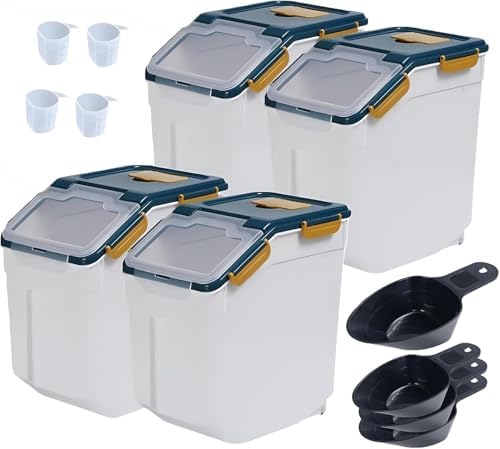 AnRui Large Flour Storage Containers 25Lbs Airtight Rice Storage Container BPA Free Kitchen Pantry Food Storage Bin Sugar Snack Cereal Grain Organizer Box with Wheel, Scoop, 4Pack, Blue by AnRui