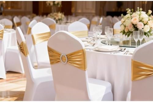 Gold Chair Sashes 100 Pack, Spandex Sashes for Chairs Wedding Reception, Stretch Chair Bands Bows for Party Banquet Theme Event Decor - Image 3
