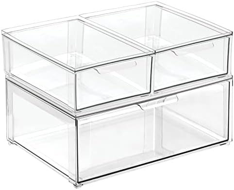 mDesign Plastic Stackable Bathroom Storage Organizer Bin Containers with Front Pull Drawer for Bathroom Countertop, Vanity, Closet Shelves - Holder for Accessories, Lumiere Collection, Set of 3, Clear - Image 7