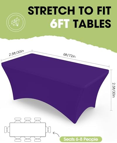 Pureegg Spandex Tablecloth 6ft - 6 Pack, Fitted and Stretch Table Cover for Rectangle Tables, Wrinkle-Resistant and Secure Fabric for Outdoor, Picnic, Party, Wedding, Banquet and Birthday, Purple - Image 2