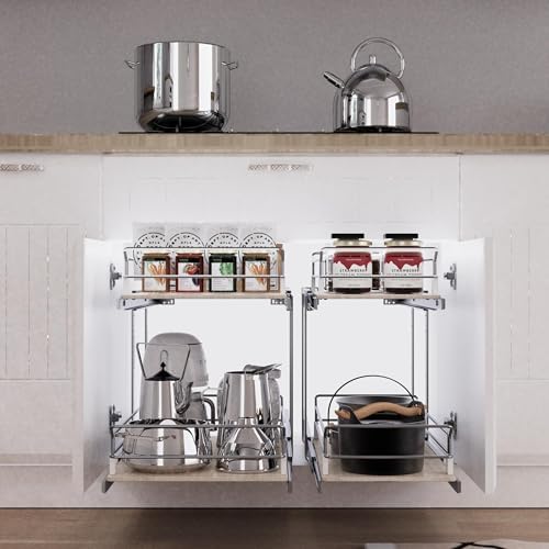 2 Tier Pull Out Cabinet Organizer 20.08" W X 22" D, Wood & Chromed - Image 4