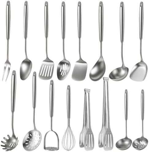 Newness 16 Pcs Cooking Utensils Set, 304 Stainless Steel Kitchen Utensils Set, Metal Kitchen Accessories, Include Soup Ladle, Slotted Skimmer Spoon, Spaghetti Spoon and Spatula, Dishwasher Safe by NewnessFocusOnStainlessSteel