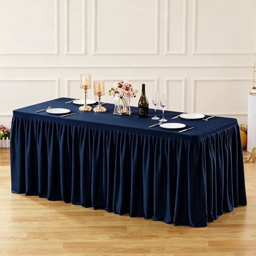 Wish Care Navy Blue Polyester Table Clothes for 8 Foot Rectangle Tables, Wrinkle Free Fitted Table Cover with Pleated Ruffle Table Skirt for Birthday Party Wedding Trade Show Event Display - Image 3