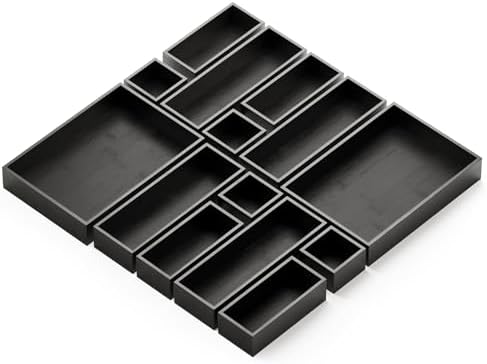 SpaceAid 14-Piece Bamboo Drawer Organizer Storage Boxes Set, Wood Tray Junk Drawer Organizers Multi-Use Divider Bins for Kitchen, Bathroom, Office Desk and Makeup Organization (14 Pack, Black) by SpaceAid