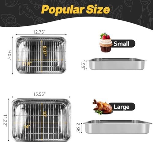 2 Pcs 12.7"15.5" Stainless Steel Roasting Pans with Handles, Baking Pan for Oven with 2 Pcs Flat Racks, Heavy Duty, Dishwasher Safe Rectangular Lasagna Pan with Handles for Turkey Chicken, Silver - Image 5