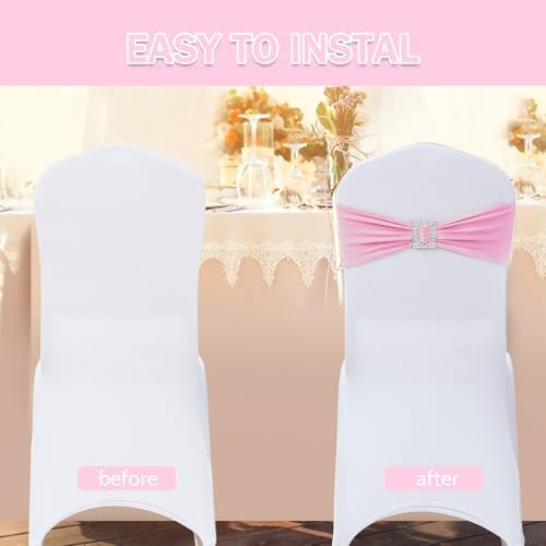Joccun 60 PCS Spandex Chair Sashes Bows Stretch Chair Cover Band with Buckle Slider Universal Elastic Chair Ties for Wedding Banquet Party Event Decoration (Pink) - Image 4