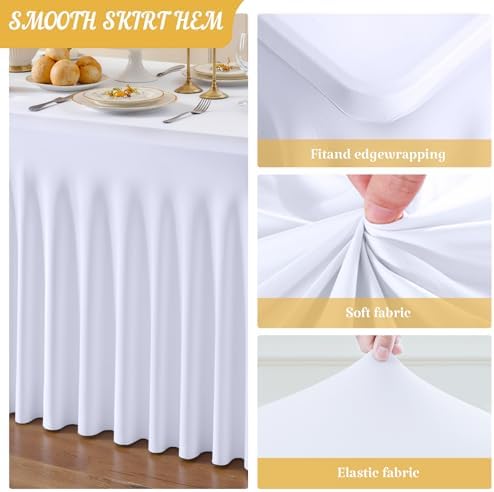 Besutolife White Spandex Tablecloth with Skirt for 8ft Rectangle Tables 4 Packs-Wrinkle-Resistant Stretchable Machine Washable Perfect for Weddings Banquets Birthday Parties Events - Image 3