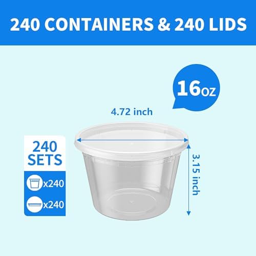 Plastic Deli Containers with Lids, 240 Sets 16 oz Leakproof Soup Cups | 16 oz Pint Container| BPA-Free| Microwave Freezer Safe| Sturdy and Airtight| for Takeout, Meal Prep, Slime, Snack - Image 2