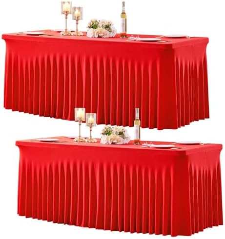 2 Pack Red Spandex Tablecloths for Rectangle Tables 8 Foot Red Stretch Table Cloth Rectangle 8ft Elastic Fitted Table Cover Fabric with Skirt for Wedding Graduation Birthday Party Banquet Buffet by Suppromo