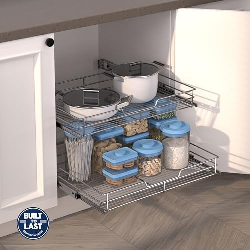 JOWBOOW 2-Tier Pull Out Cabinet Organizer, 23" W x 22" D, Chrome | Heavy-Gauge Wire Slide Out Shelves, 100 lbs Capacity, Ball-Bearing Glides, Min 24" Opening, For Heavy Appliances - Image 2