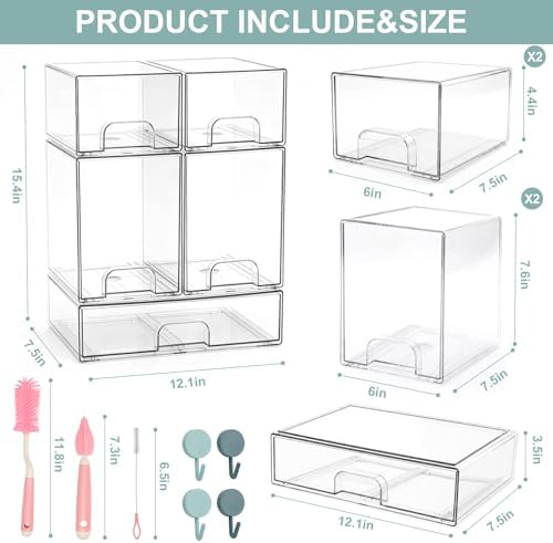 POLRAI 5 Pack Baby Bottle Organizer Stackable Storage Bins with Brush and Hooks for Baby Bottles, Beauty Supplies, Ideal for Kitchen Countertop, Bathroom, Pantry, Cabinet Organization - Image 7