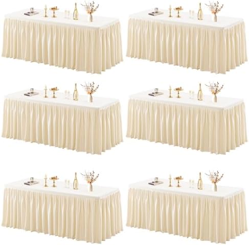 6 Pack Champagne Tablecloths for Rectangle Tables 8ft, Wrinkle Resistant Spandex Tablecover Fitted Stretch Table Cloth with Pleated Ruffle Table Skirts for Party Banquet Dining Birthday Wedding by Partisky