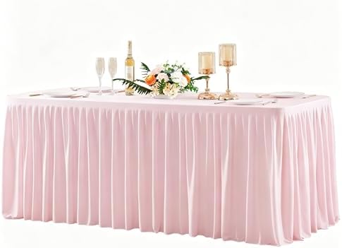 Wish Care Blush Pink Polyester Table Clothes for 8 Foot Rectangle Tables, Wrinkle Free Fitted Table Cover with Pleated Ruffle Table Skirt for Birthday Party Wedding Trade Show Event Display by WishCare