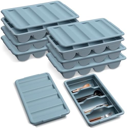 Maxdot 6 Pcs 20.5 x 11.9 x 3.7 Inch Silverware Organizer with Lid, Commercial 4-compartment Restaurant Kitchen Cutlery Tray, Plastic Silverware Storage Container, Condiments Holder (Grayish Blue) by Maxdot