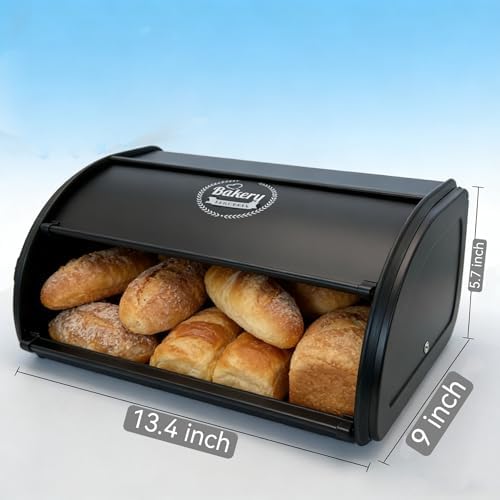 Vintage Roll-Top Bread Box, Black Stainless Steel Farmhouse - Image 2