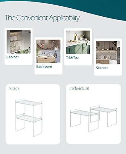 Shantton 2pk Kitchen Cabinet Shelf Counter Organizer Rack Pantry Storage Bathroom Bedroom Office Table Desk Space Saving Steel Frame Stackable Rust Resistant Non Slip White-Tall- L13in W8.3in H9.5in | 2-Pack Stackable Metal Riser Holds 40LBS with Non-S... - Image 4
