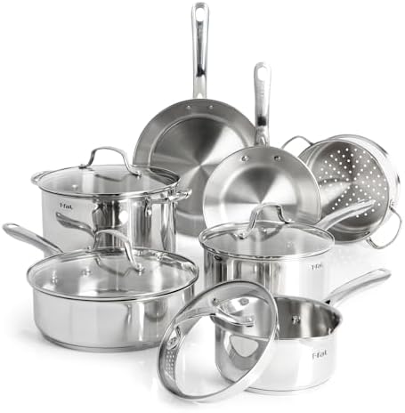 T-fal Stainless Steel Pots and Pans Set 11 Piece, Induction, Oven Broiler Safe 500F, Kitchen Cooking Set w/Fry Pans, Saucepans, Saute Pan, Steamer, Cookware, Dishwasher Safe, Silver by T-falbrand
