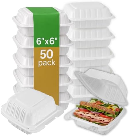 Hinged Take-Out Containers 6″ x 6″(50pack) BPA Free, Clamshell To Go Boxes Recyclable, Microwave & Freezer Safe Food Storage Boxes for Restaurants, Catering - Cake Slice Container - White by ProTakeOut